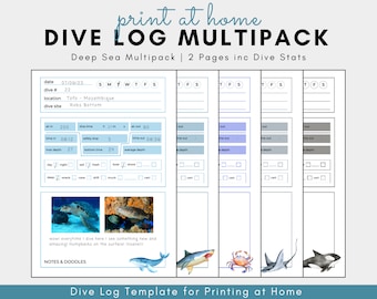 Multipack Scuba Dive Log Book Sheets Digital Download Diving Log Print at Home Dive Log Book Digital 2 Page PDF Digital Scuba Diving Journal