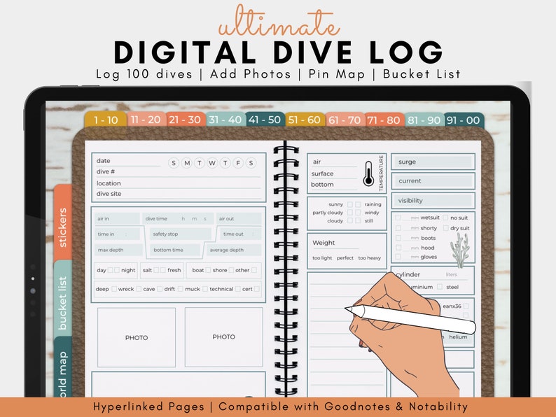 Digital Scuba Dive Logbook Journal Diving Goodnotes iPad Tablet 100 Dive Log Book Digital
