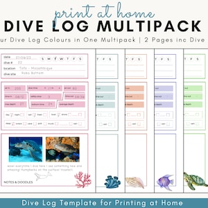 Multipack Scuba Dive Log Book Sheets Digital Download Diving Log Print at Home Dive Log Book Digital 2 Page PDF Digital Scuba Diving Journal