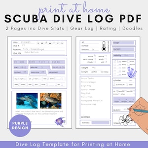 Purple Scuba Dive Log Book Sheets Digital Download Diving Log Print at Home Dive Log Book Pink 2 Page PDF Printable Scuba Diving Journal DIY