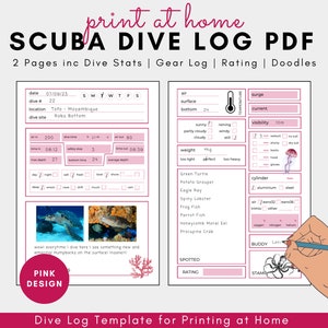 Printable Scuba Dive Log Book Sheets Digital Download Diving Log Print at Home Dive Log Book Pink 2 Page PDF Digital Scuba Diving Journal