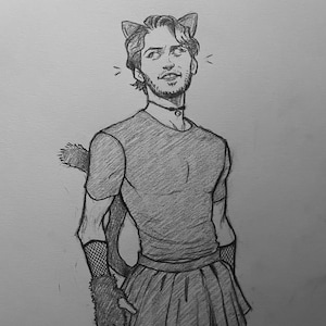 May include: A pencil drawing of a person wearing a black shirt, a short skirt, and cat ears. The person is looking up and smiling.