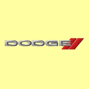 May include: The Dodge logo, featuring the brand name in a silver, metallic font, is displayed prominently. The letter "E" is stylized in red, with a diagonal stripe design. The background is a pale yellow.