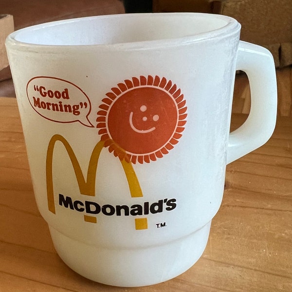 Vintage 1984 McDonald's Milk Glass Coffee Cup Anchor Hawking Fire King Good Morning