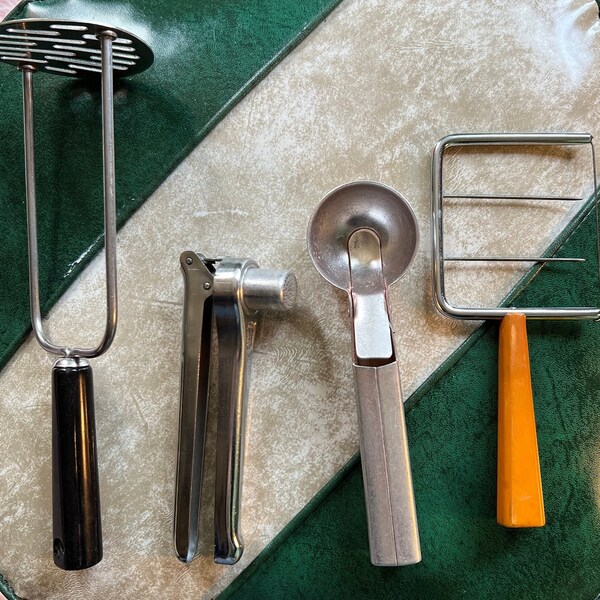 Set of 4 Vintage Kitchen Utensils Garlic press, potato masher, ice cream scoop