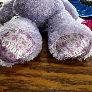 Puede incluir: Un oso de peluche lavanda con la palabra "Anna" en una pata y "Frozen" en la otra. Las almohadillas de las patas presentan un dise&ntilde;o floral en tonos rosa, morado y dorado. El oso est&aacute; sobre una superficie de madera.