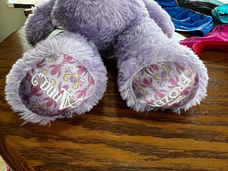 Puede incluir: Un oso de peluche lavanda con la palabra "Anna" en una pata y "Frozen" en la otra. Las almohadillas de las patas presentan un dise&ntilde;o floral en tonos rosa, morado y dorado. El oso est&aacute; sobre una superficie de madera.