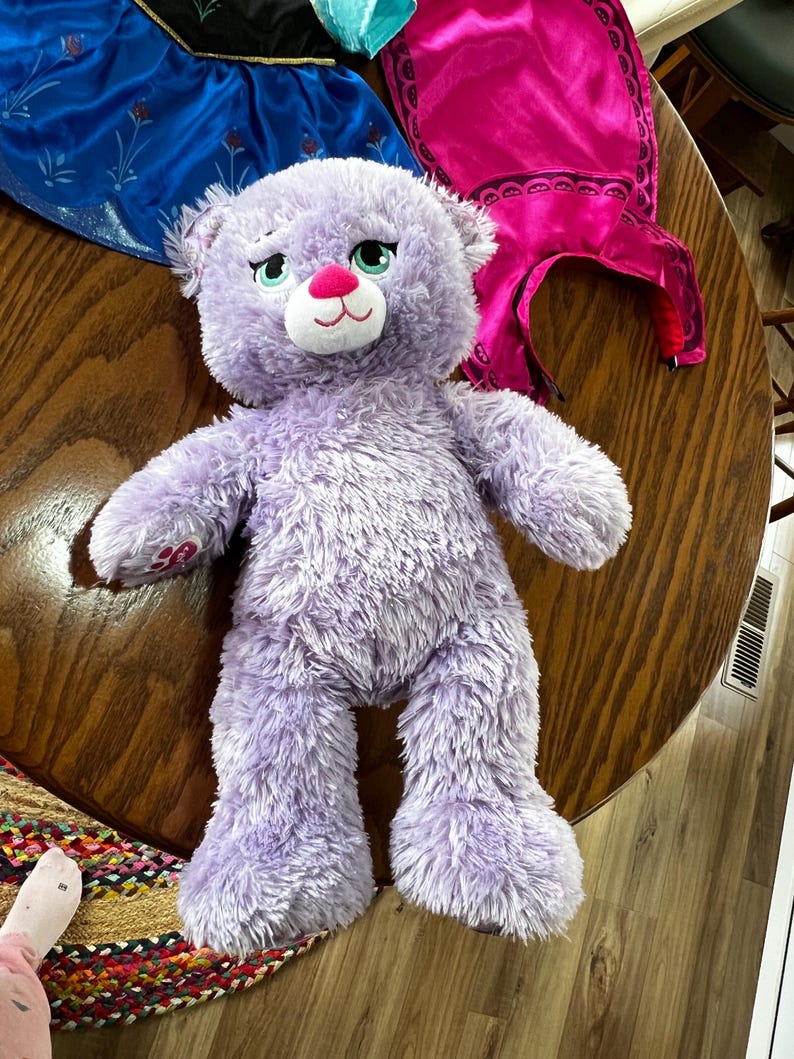 Puede incluir: Un oso de peluche lavanda con hocico blanco y nariz rosa. El oso tiene ojos verdes y est&aacute; sobre una mesa de madera. Otros art&iacute;culos coloridos est&aacute;n en el fondo, incluyendo un disfraz azul y rosa.