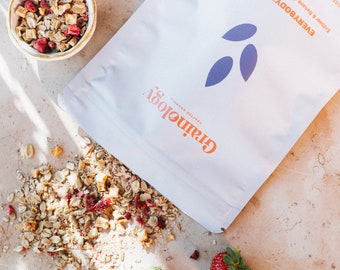 Suikervrije muesli Aardbei Banaan Appel Gebakken muesli Glutenvrij Notenvrij Alleen gezoet met fruit Geweldig voor kinderen