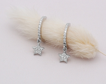 Sterling Silver and Cubic Zirconia Star Huggie Hoop Earrings