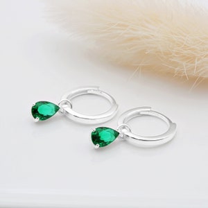 Sterling Silver and Emerald Green Teardrop Huggie Hoop Earrings