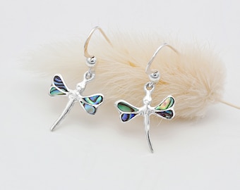 Sterling Silver and Abalone Shell Dragonfly Drop Earrings