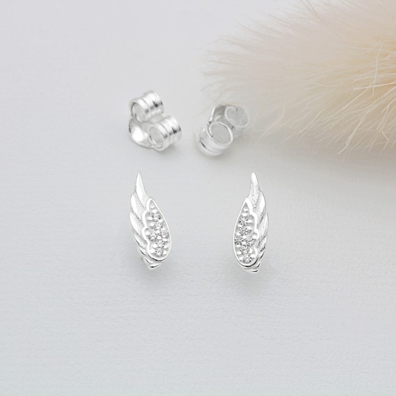 Sterling Silver and Cubic Zirconia Angel Wing Stud Earrings