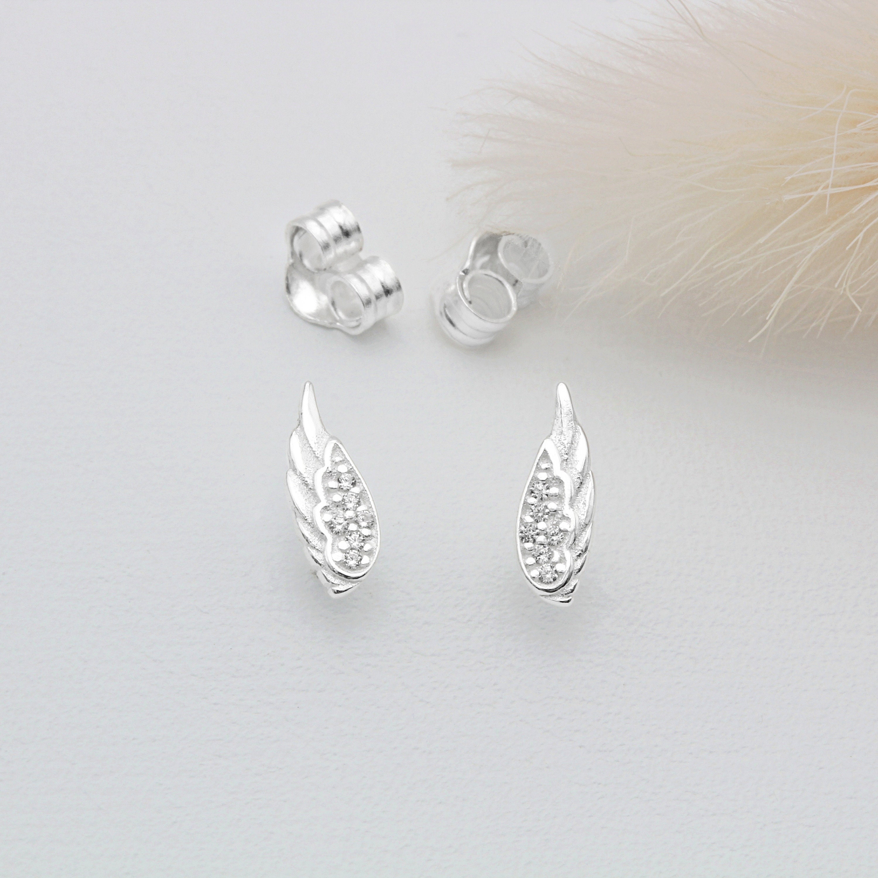 Sterling Silver and Cubic Zirconia Angel Wing Stud Earrings