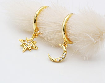 Cubic Zirconia Moon and Star Huggie Hoop Earrings: 18ct Gold Vermeil or Sterling Silver