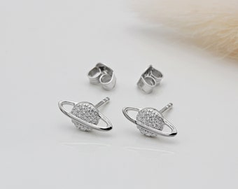 Sterling Silver and Cubic Zirconia Saturn Planet Stud