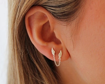 Sterling Silver Double Wing Stud and Chain Drop Earrings