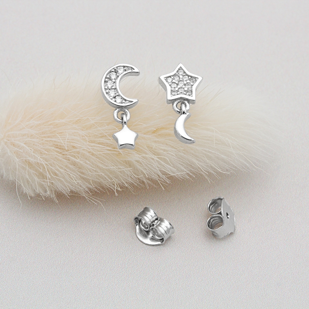 Sterling Silver and Cubic Zirconia Moon and Star Stud