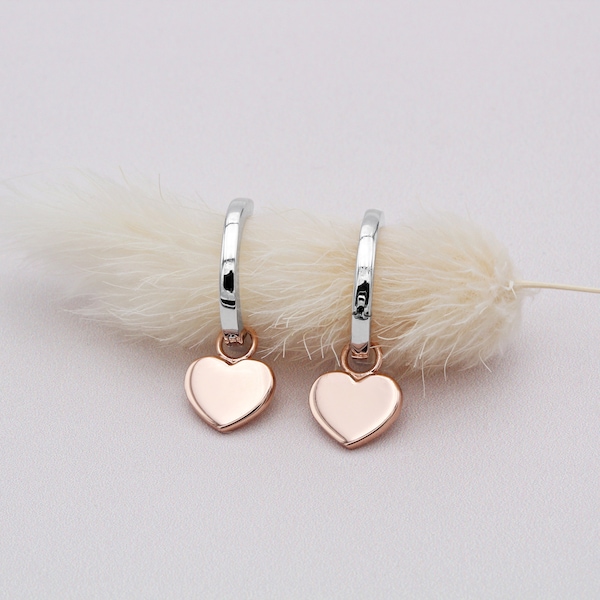 Sterling Silver and 18ct Rose Gold Heart Huggie Hoops