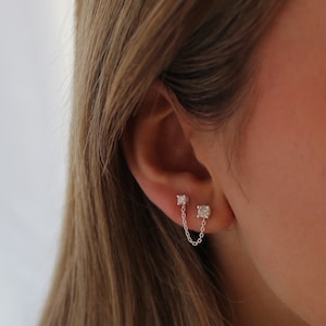 Sterling Silver Double Cubic Zirconia Stud and Chain Drop Earrings
