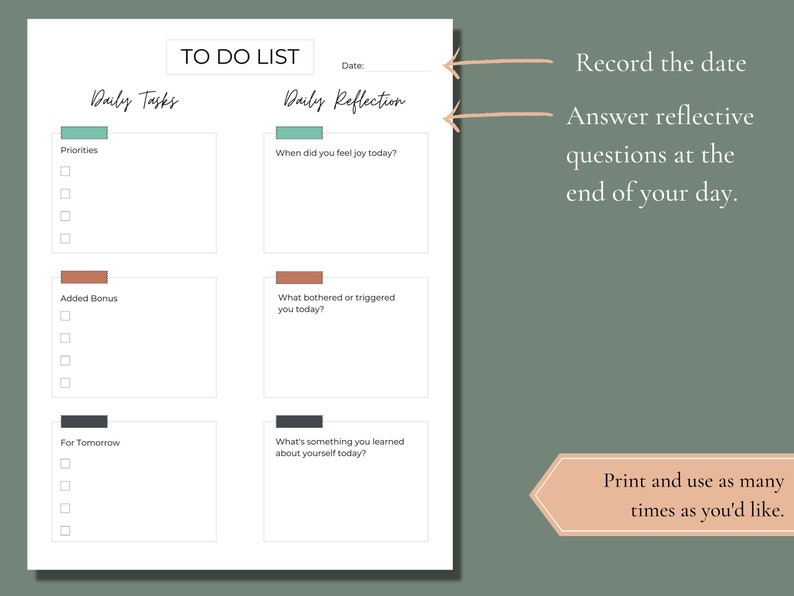 Daily Task List Template, Daily Checklist Template, Daily Reflection