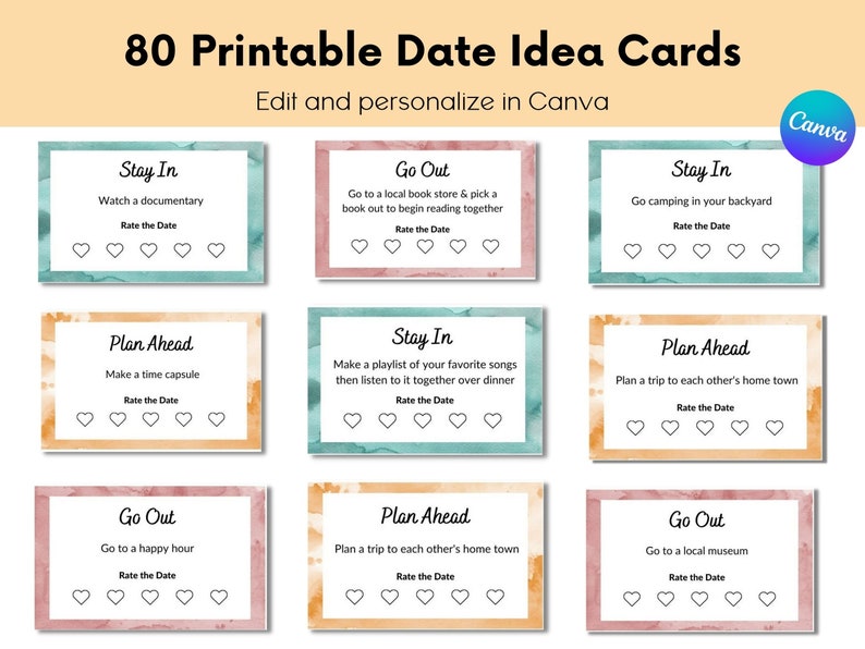 Date Night Idea Cards, 80 Affordable Date Ideas, Personalize in Canva, Quality Time Gift Etsy