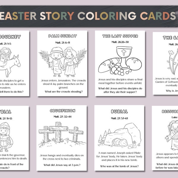 Easter Story Coloring Cards for kids, Holy week, Holy week for kids, Easter craft, Easter activity
