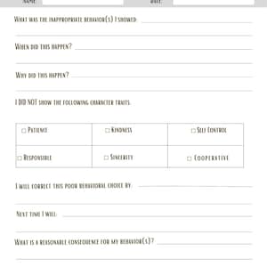 Puede incluir: Una "Think Sheet" rosa y blanca con indicaciones para la autorreflexión. La hoja incluye secciones para el nombre, la fecha, los comportamientos inapropiados, los rasgos de carácter y las acciones correctivas. El título está en cursiva.