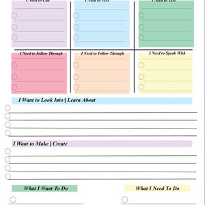 May include: A white planner with the text "BRAIN dump" at the top. The planner is divided into sections for tasks like "I Need to Call," "I Need to Text," and "I Need to Follow Through." It includes a weekly calendar layout with spaces for notes and to-do lists.