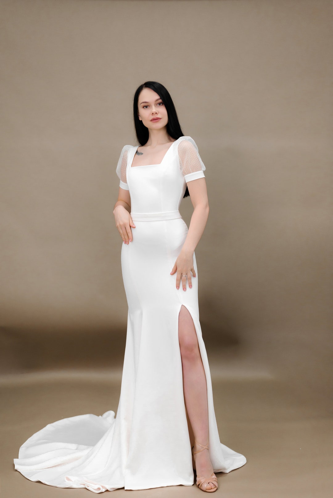Square Neck Ruched Mermaid Dress With Slit Gold main image 1