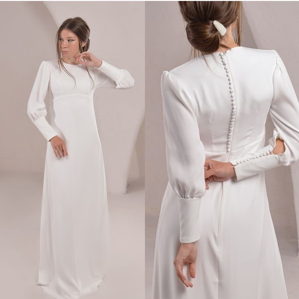 Modest Long Sleeves Wedding Dress | Buttoned Cuffs Charming Prom Gown | Back Buttons, A-Line Silhouette Wedding Gown | Bridal Shower Gifts