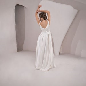 Minimalist wedding dress V neck wedding dress Ivory satin wedding dress Open Back wedding dress Bespoke wedding dress simple wedding dress