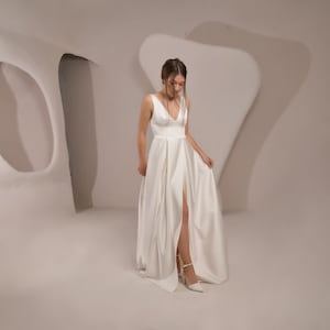 Simple Wedding Dress | Pleated Skirt Wedding Gown | V Neck, Open Back Bridal Gown