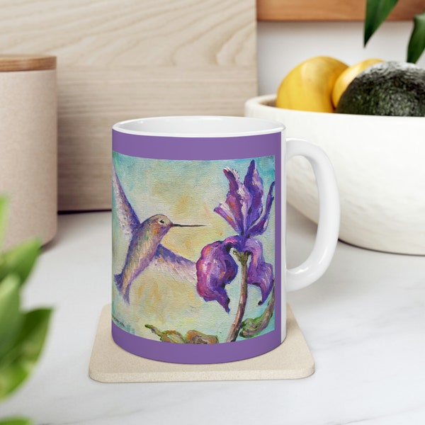 Ceramic Mug 11oz, Hummingbird, Hummingbird Mug, Iris Flower Mug, Kitchen Elegant, Bird Mug, Kitchen, Fine art, Oils, RENEE AUGUSTE