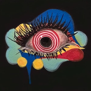 May include: A colorful, surreal eye illustration on a black background. The eye features a red and white spiral iris, long black eyelashes, and is surrounded by blue, yellow, and red shapes. The artwork has a whimsical, artistic style.