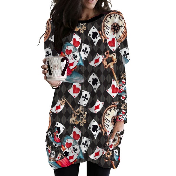 Alice in Wonderland Oversized Shirt Dress, Long Sleeve TShirt Dress with Pockets,  Casual loose Crewneck Top, Cosplay Dress for Women