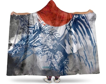Dragon Blanket with Hood, Hoodie Blanket for Adults, Japanese Art Soft Comfy Wearable Hooded Blanket, Fleece Throw, Winter Clothing Gift