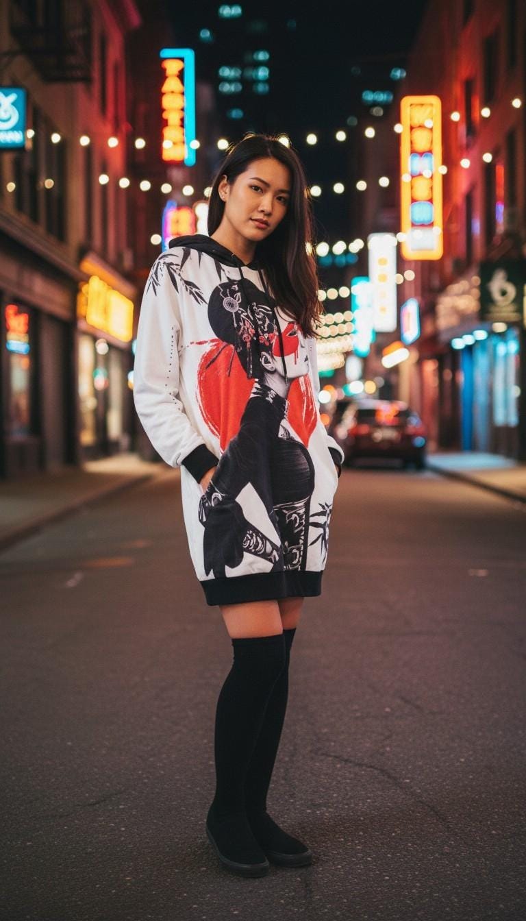 Geisha Graphic Hoodie Dress: Tokyo Street Fashion Rave Outfit