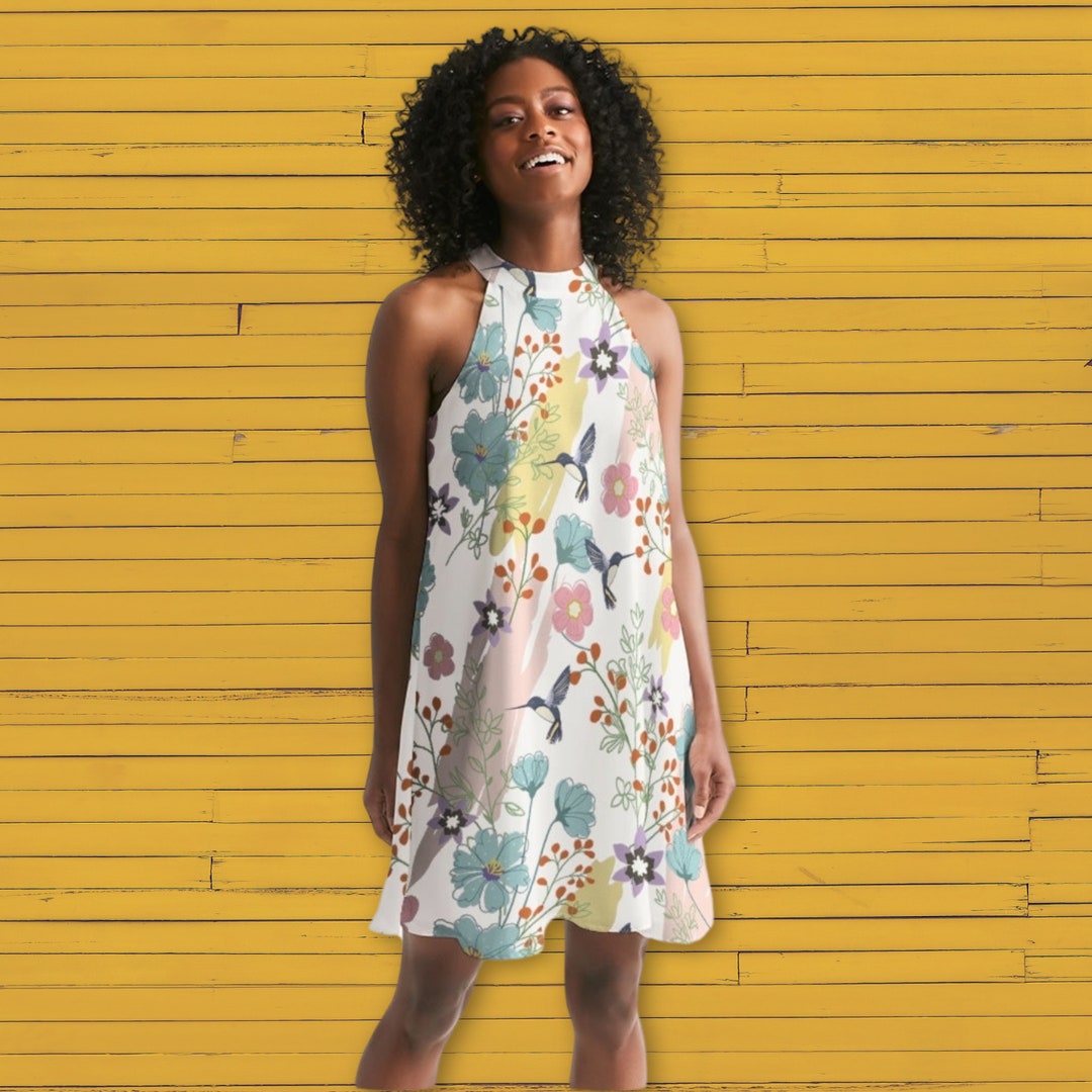 Light Floral Halter Dress for Women, Summer Clothing, Garden