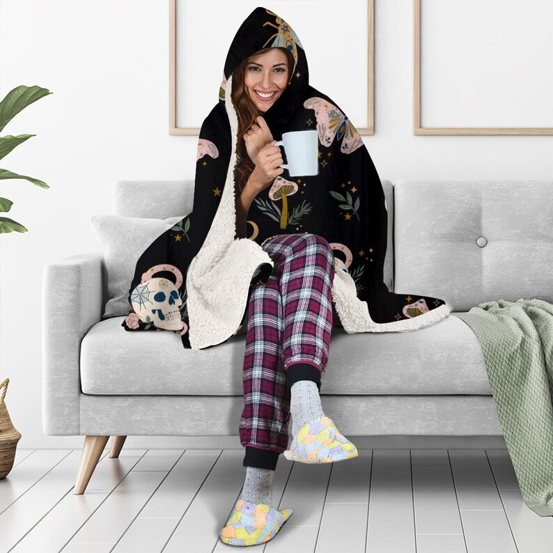 Witchy Celestial Hooded Blanket, Goth Microfleece Wearable Blanket image 2