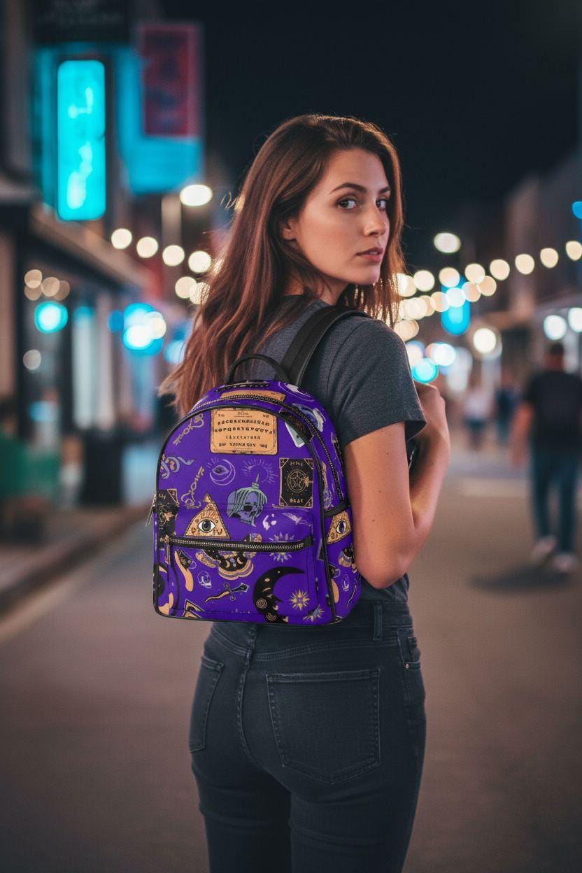 Gothic Witchcraft Mini Backpack: Ouija Occult Travel Bag - Purple
