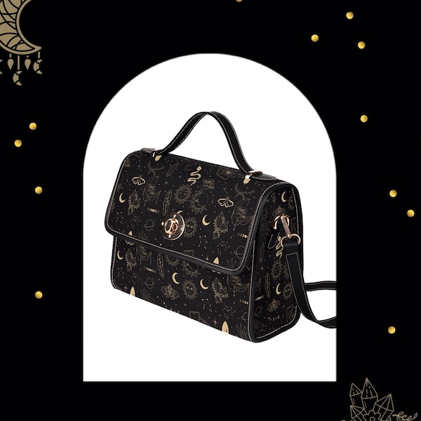 Celestial Black Witchy Women’s Versatile Handbag, Whimsical Goth Spacious Crossbody Shoulder Bag, Esoteric Gift for Witch Lovers