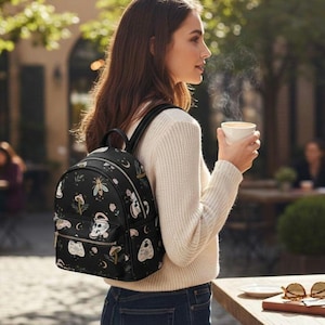 Personalized Witchy Goth Mini Backpack – Monogrammed Black PU Leather Luna Moth & Celestial Travel Bag
