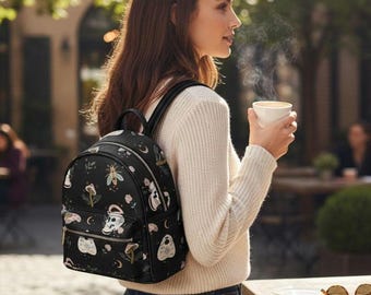 Personalized Witchy Goth Mini Backpack – Monogrammed Black PU Leather Luna Moth & Celestial Travel Bag