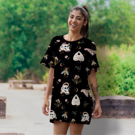 Whimsigoth Skull Mushroom Mini Dress, Dark Cottagecore Oversized T-shirt Dress