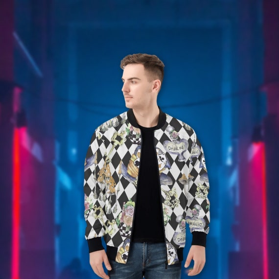 Alice in Wonderland Mens Bomber Jacket: Steampunk Casual Jacket + Drawstring Bag