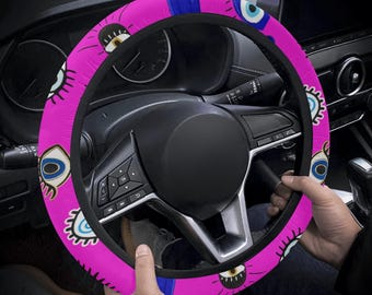 Pink Evil Eye Steering Wheel Cover: Boho Witchy Hamsa Hand Auto Decor for Spiritual Car Gift