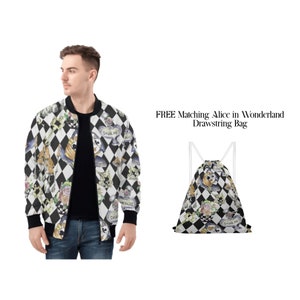 May include: A black and white bomber jacket with a chequered pattern featuring Alice in Wonderland characters and text. A matching black and white drawstring bag with the same pattern is included.