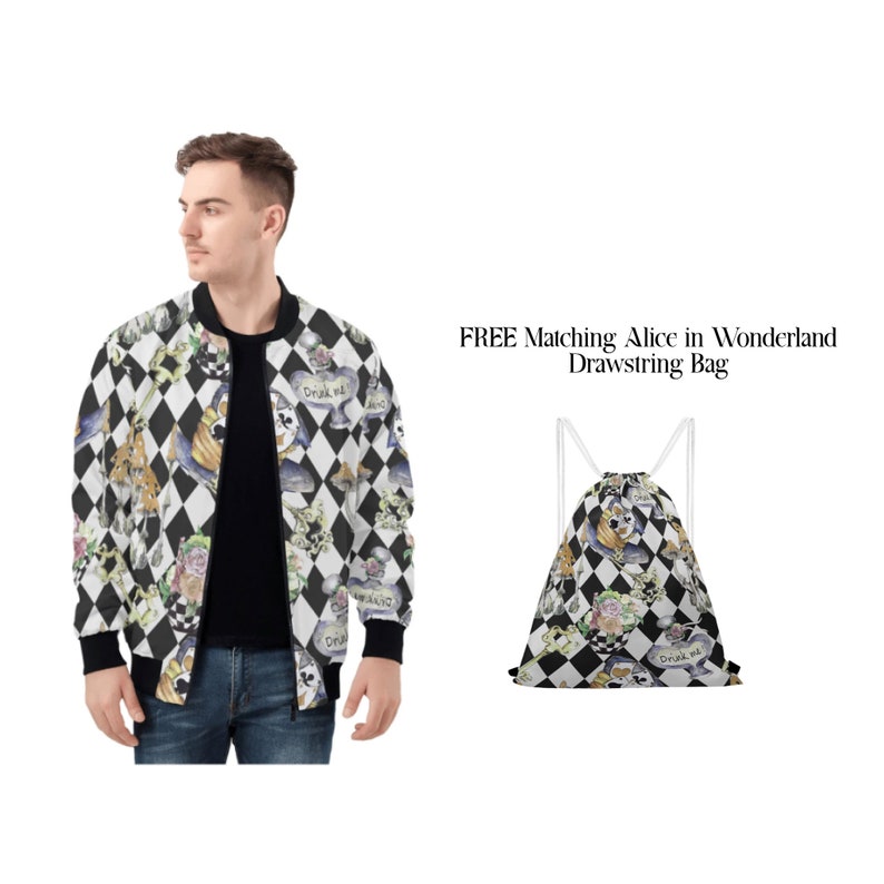 May include: A black and white bomber jacket with a chequered pattern featuring Alice in Wonderland characters and text. A matching black and white drawstring bag with the same pattern is included.