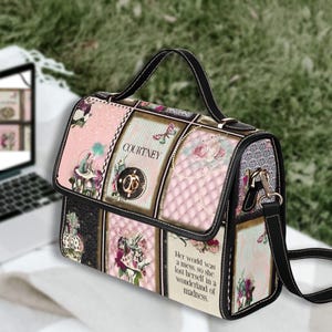 Alice in Wonderland Personalized Bag:  Victorian Style Satchel Handbag Customized Name and Quotes